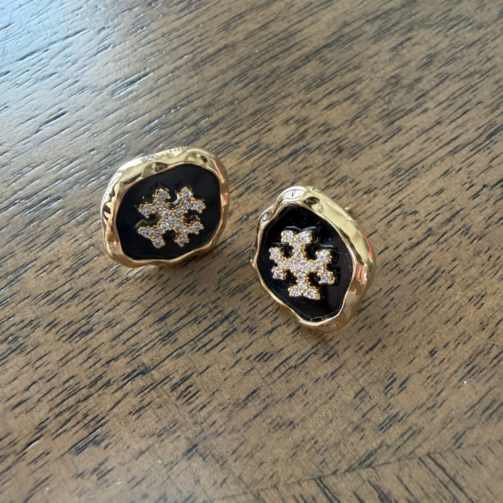 Tory Burch Gold and Black Crystal Earrings 2cm